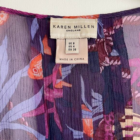 Karen Millen 100% Silk Purple Beaded Seahorse Beach Coverup Blouse Size 4 - Picture 2 of 5